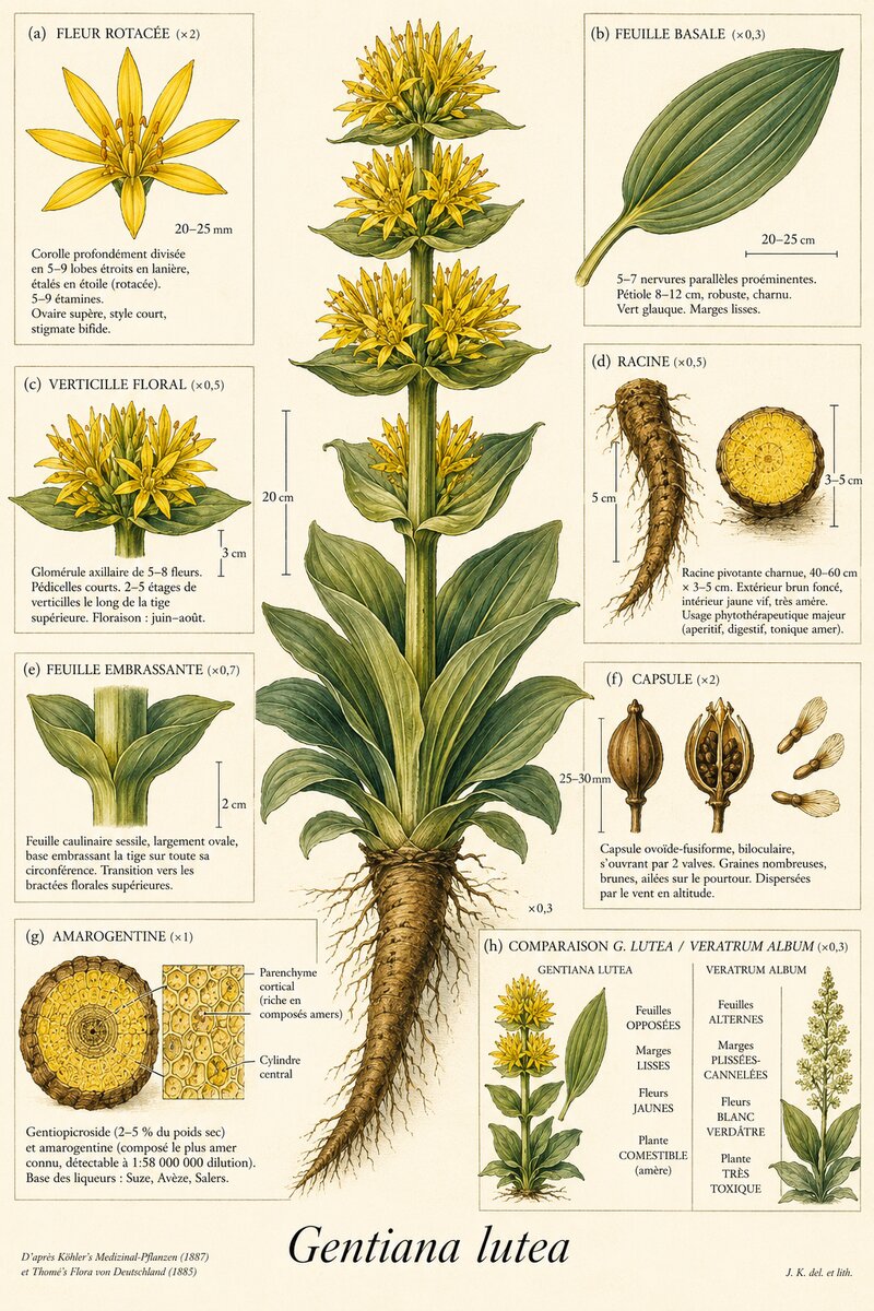 Planche botanique Gentiane jaune