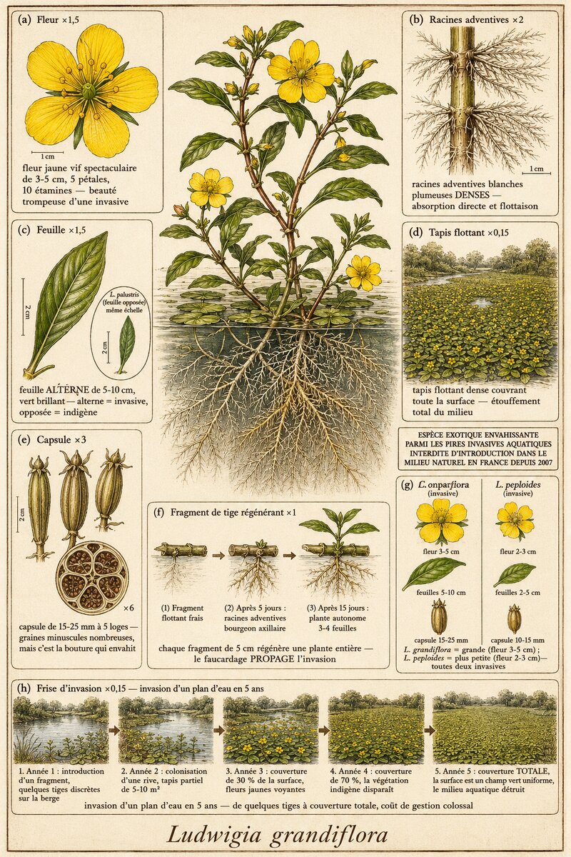 Planche botanique Ludwigie à grandes fleurs