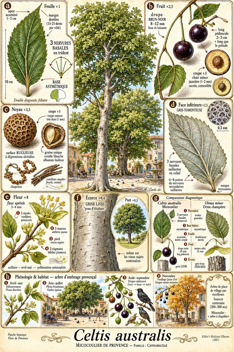 Planche botanique Micocoulier de Provence