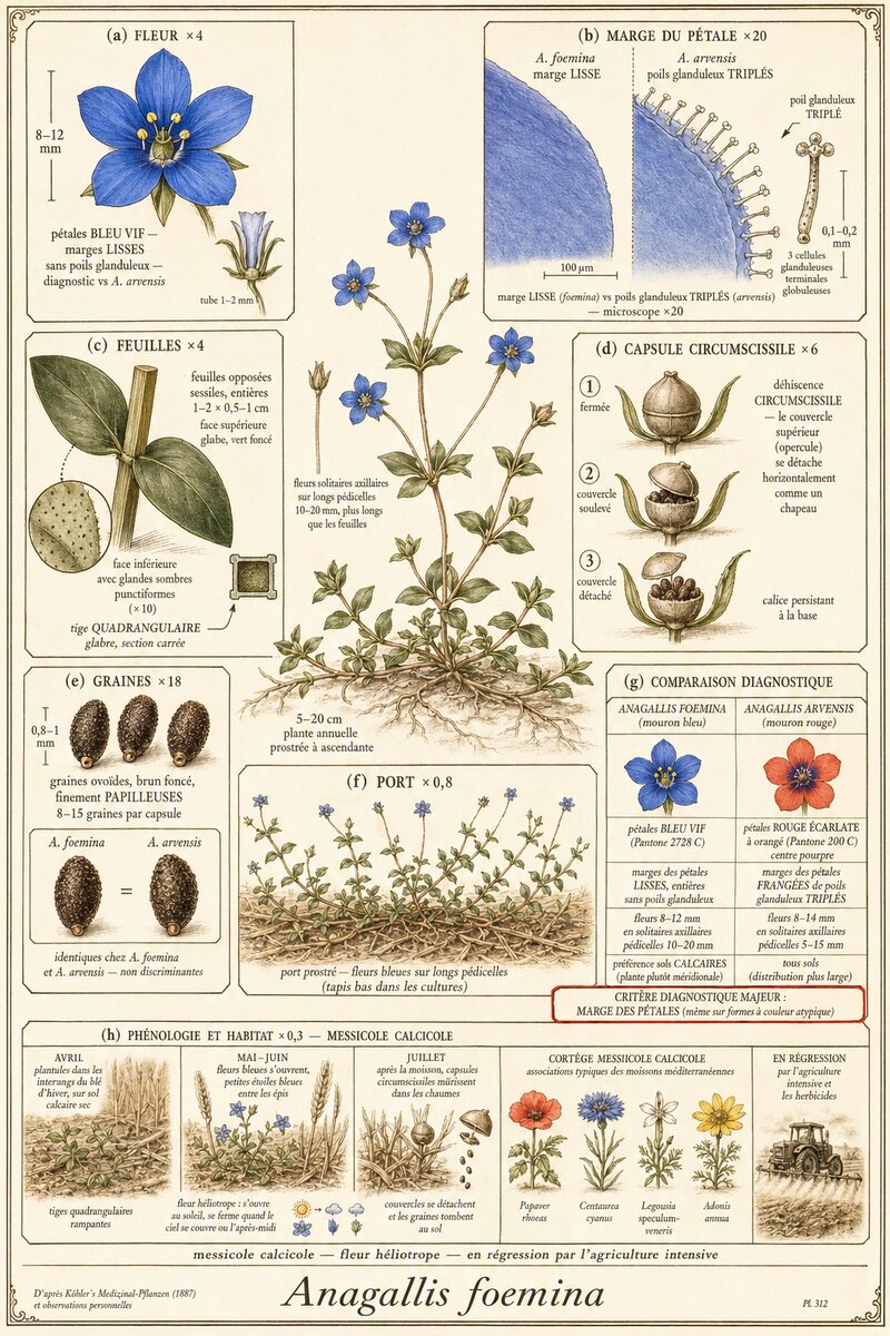Planche botanique Mouron bleu