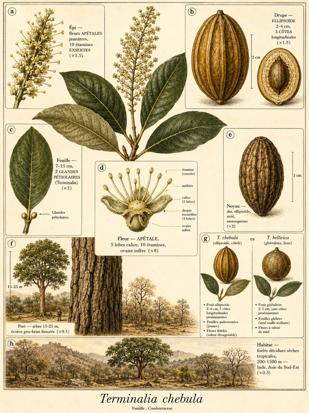 Planche botanique Myrobolan chébule (Terminalia chebula)