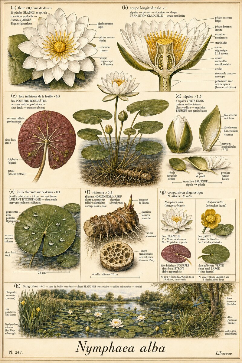 Planche botanique Nénuphar blanc