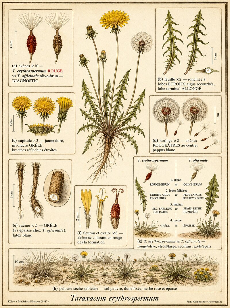 Planche botanique Pissenlit à graines rouges