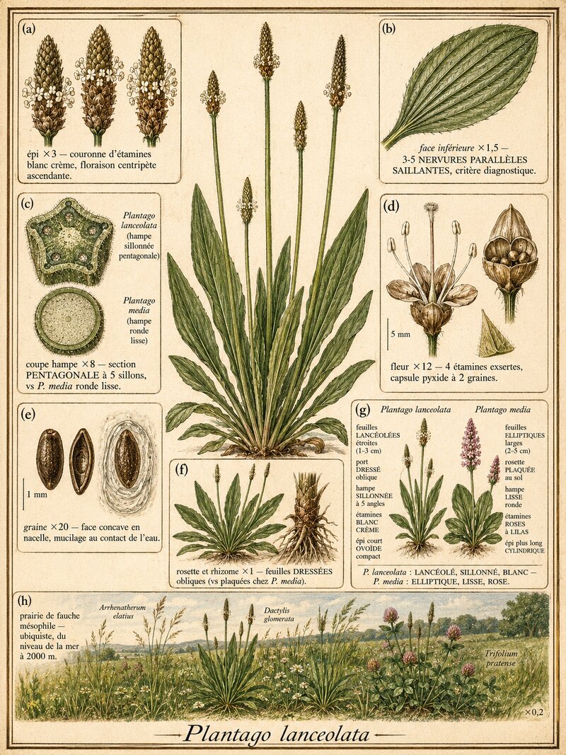 Planche botanique Plantain lancéolé