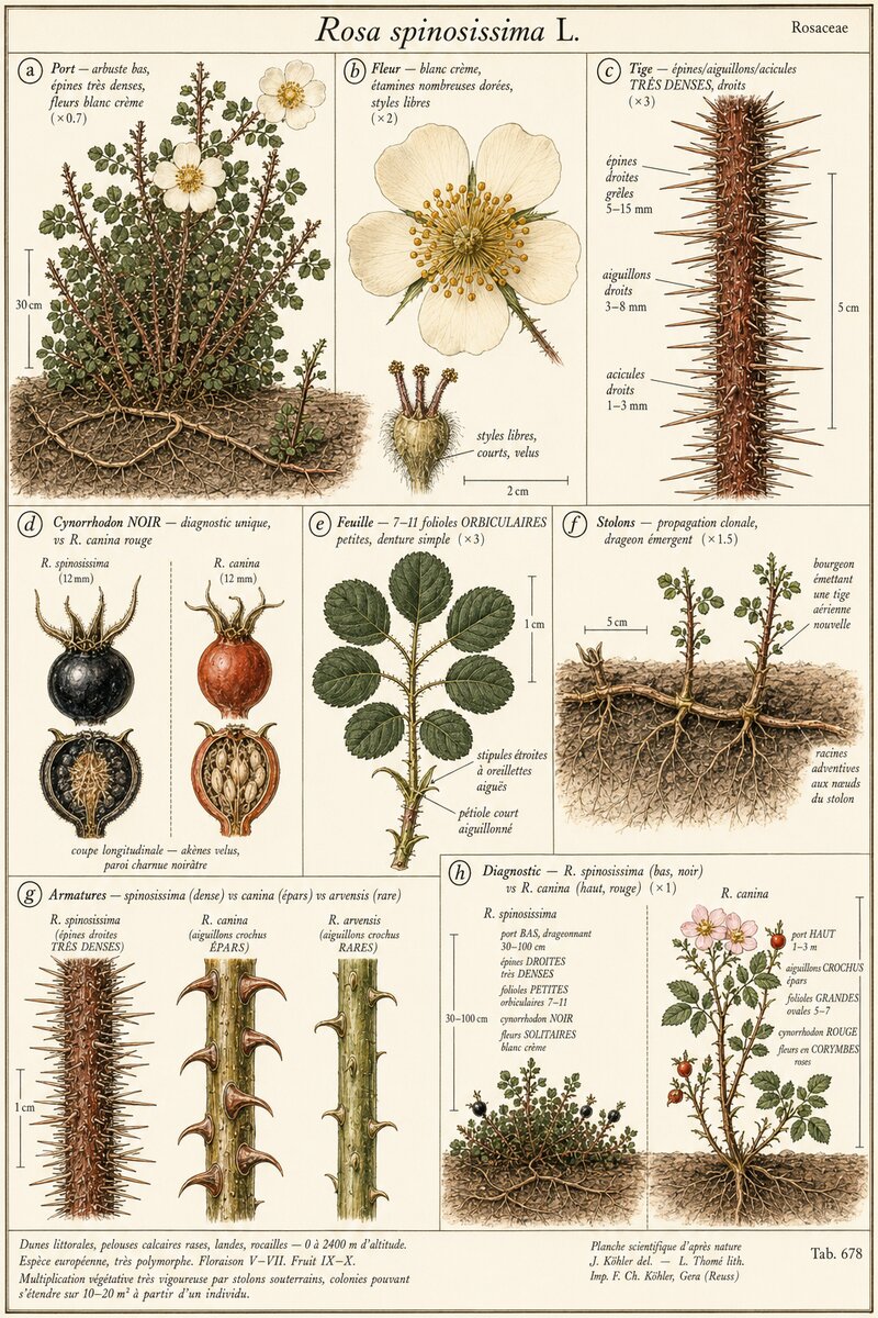 Planche botanique Rosier pimprenelle