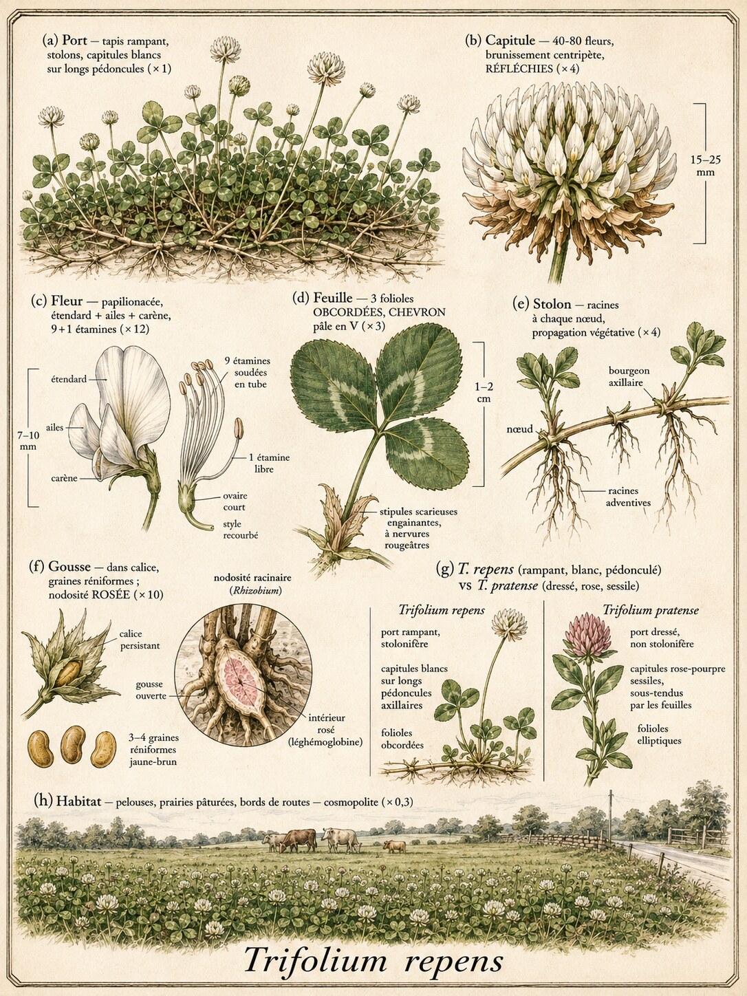Planche botanique TRÈFLE BLANC
