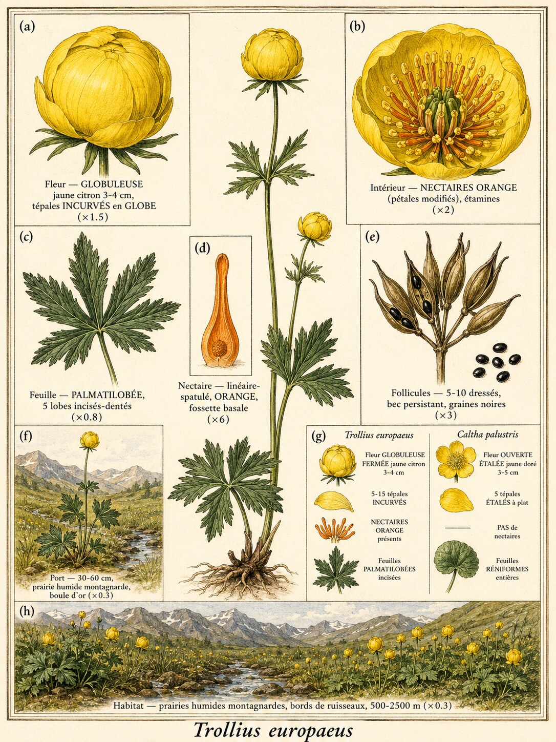 Planche botanique TROLLIUS D’EUROPE