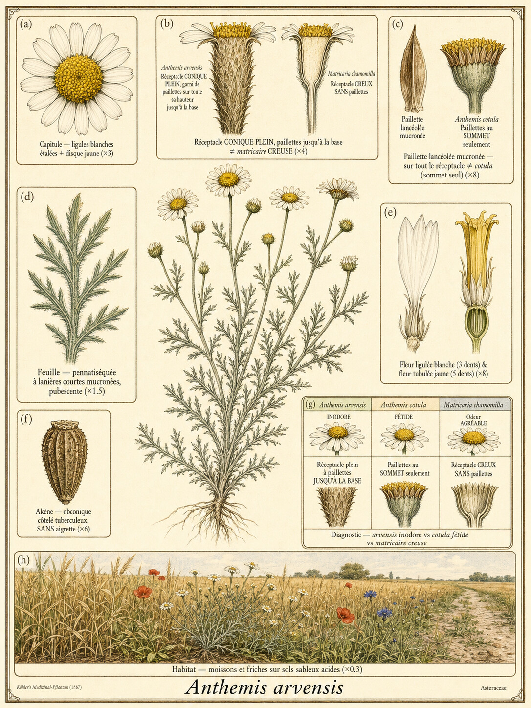 Planche botanique Camomille des champs (Anthemis arvensis)