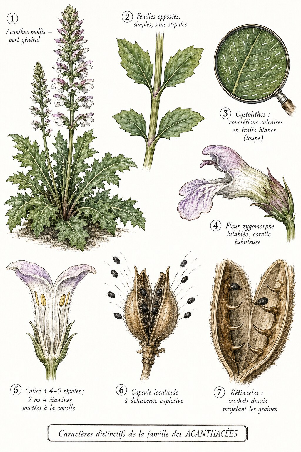Planche des caractères distinctifs de la famille des Acanthacées