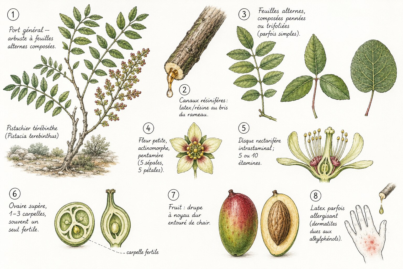 Planche des caractères distinctifs de la famille des Anacardiacées