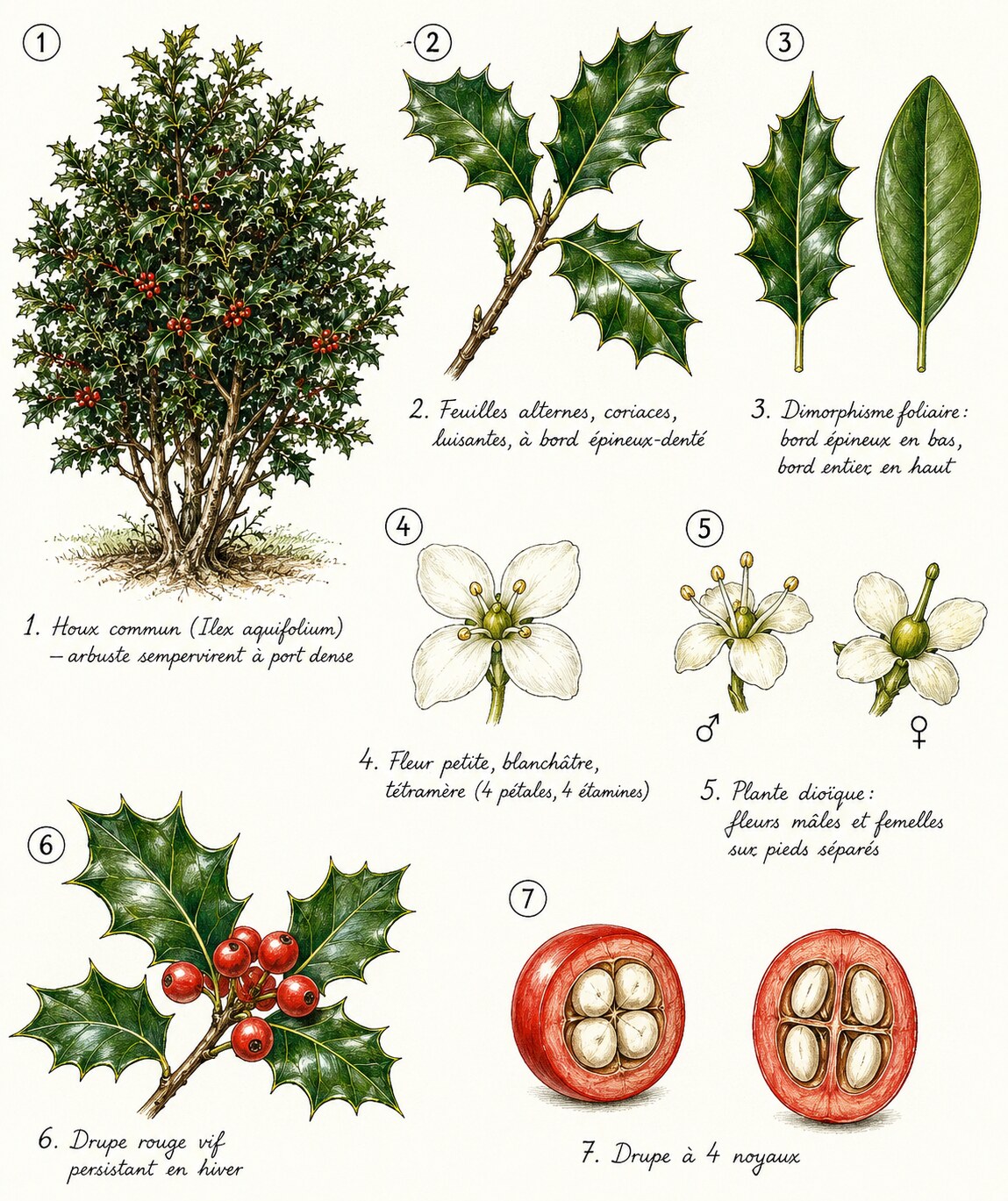 Planche des caractères distinctifs de la famille des Aquifoliacées