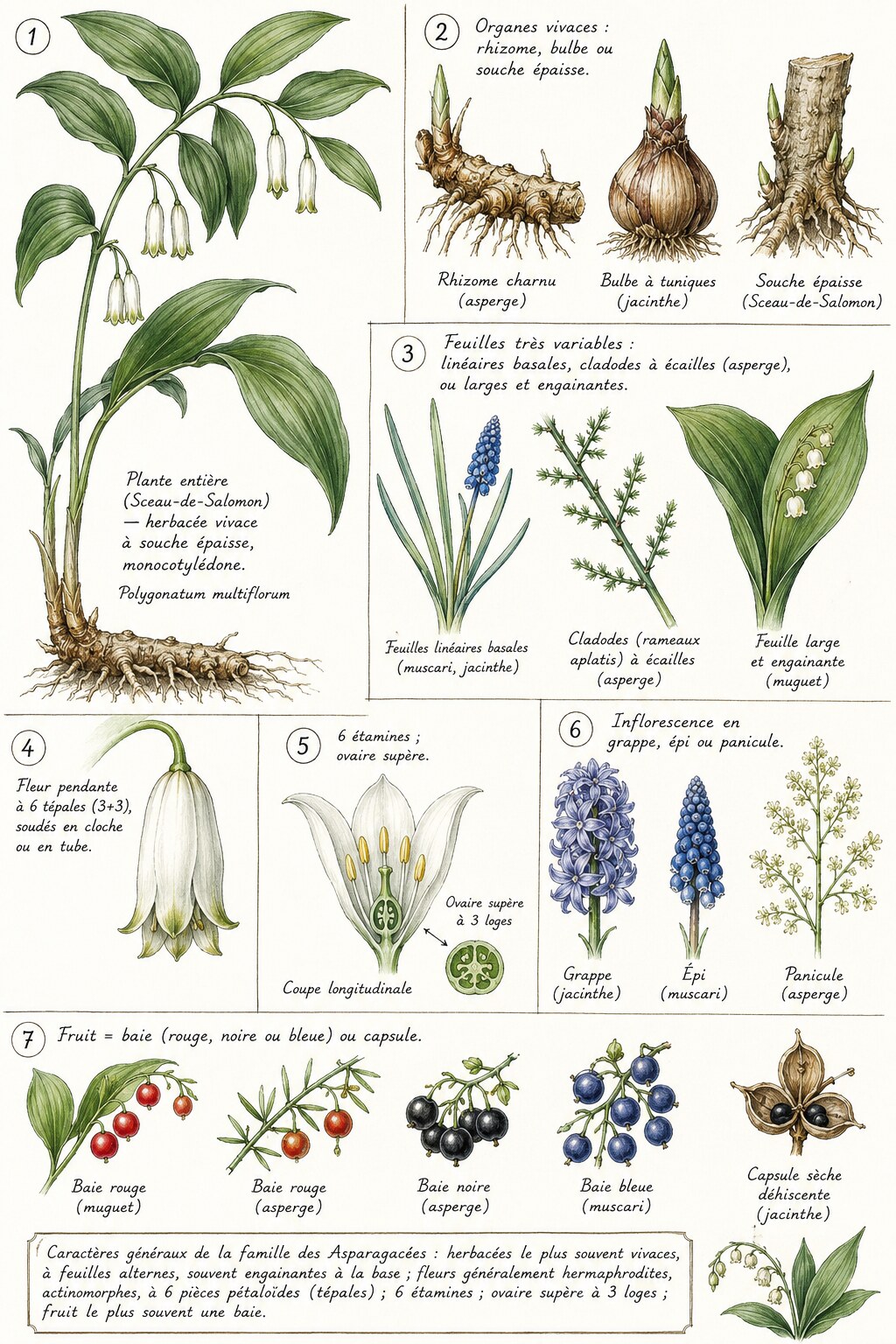 Planche des caractères distinctifs de la famille des Asparagacées