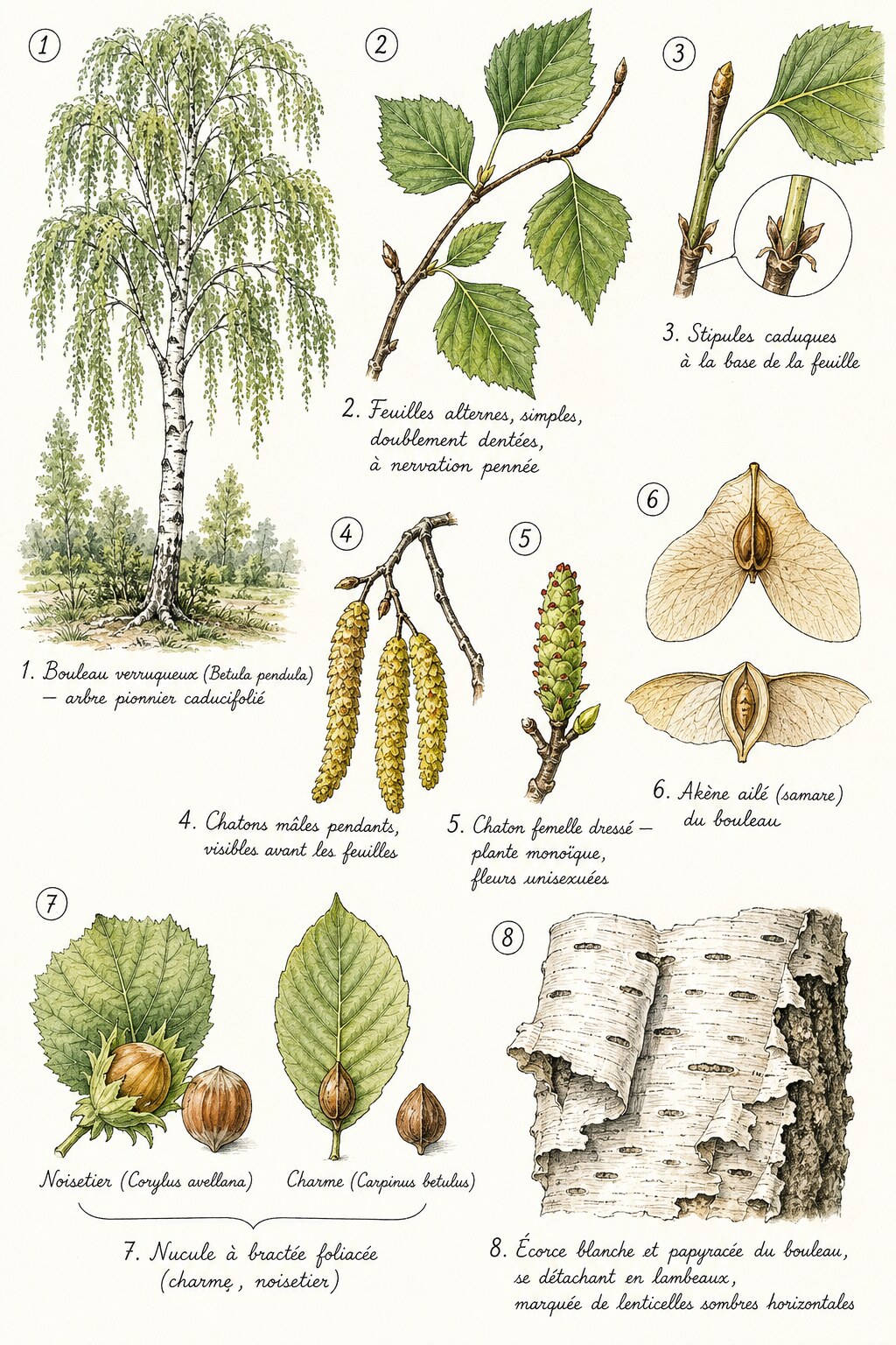 Planche des caractères distinctifs de la famille des Bétulacées