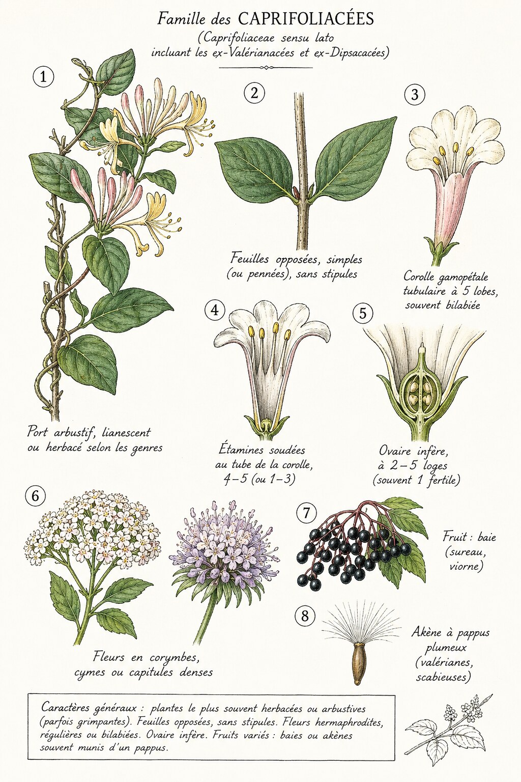 Planche des caractères distinctifs de la famille des Caprifoliacées