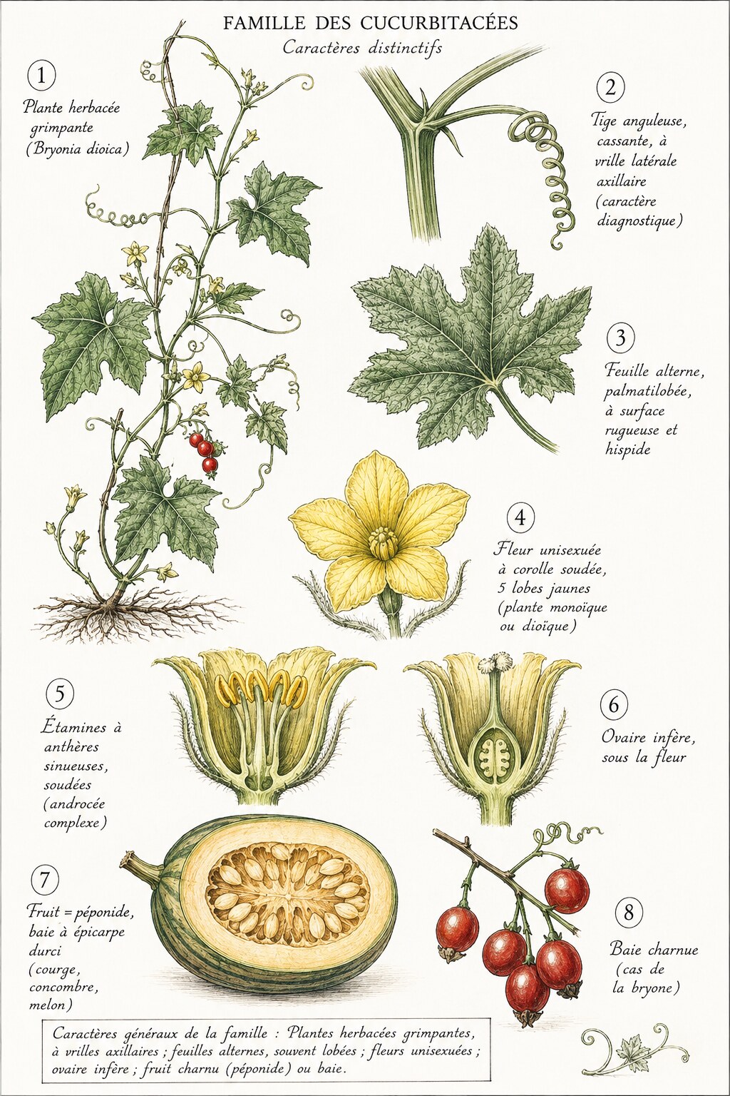 Planche des caractères distinctifs de la famille des Cucurbitacées