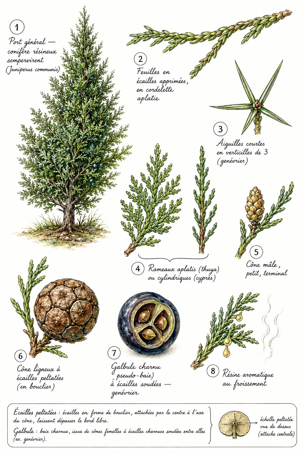 Planche des caractères distinctifs de la famille des Cupressacées