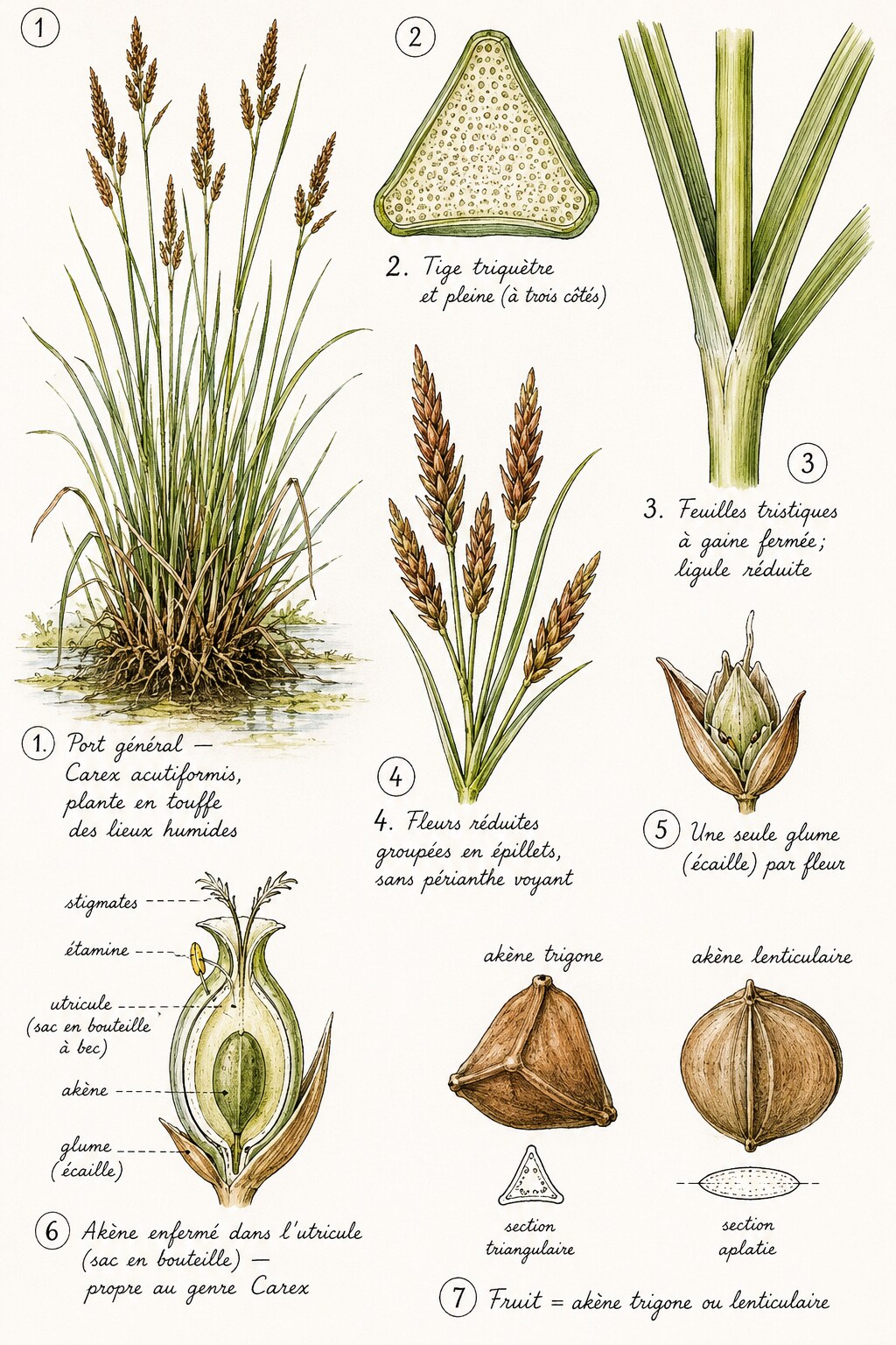 Planche des caractères distinctifs de la famille des Cypéracées