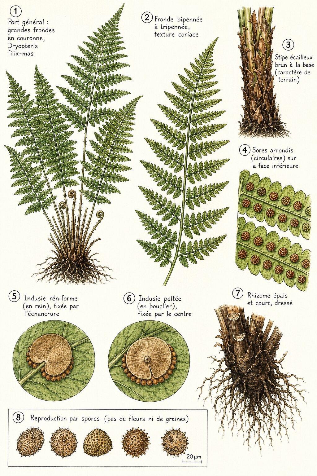 Planche des caractères distinctifs de la famille des Dryoptéridacées