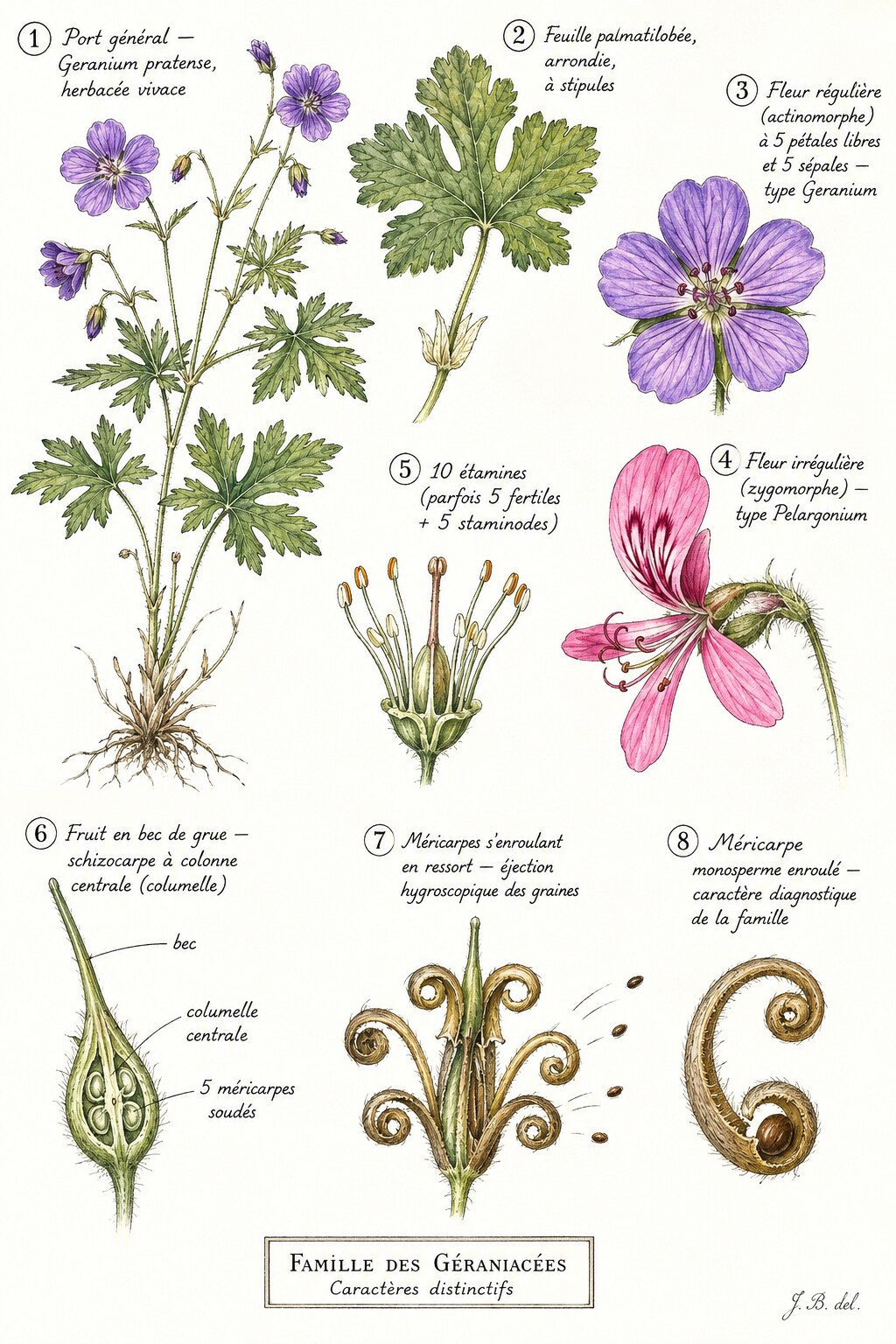 Planche des caractères distinctifs de la famille des Géraniacées