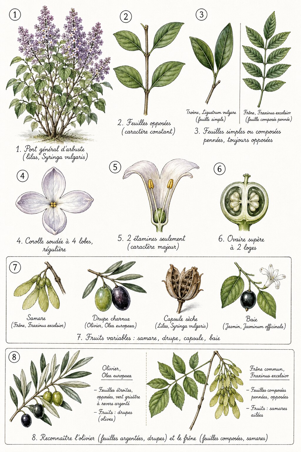 Planche des caractères distinctifs de la famille des Oléacées