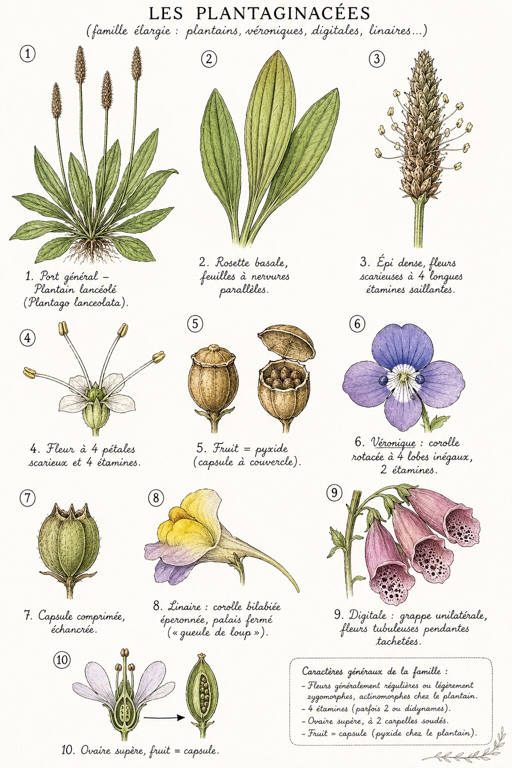 Planche des caractères distinctifs de la famille des Plantaginacées