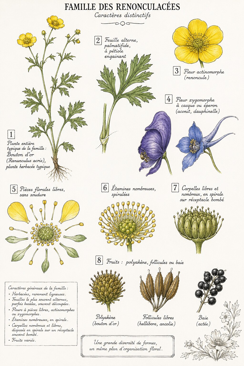 Planche des caractères distinctifs de la famille des Renonculacées