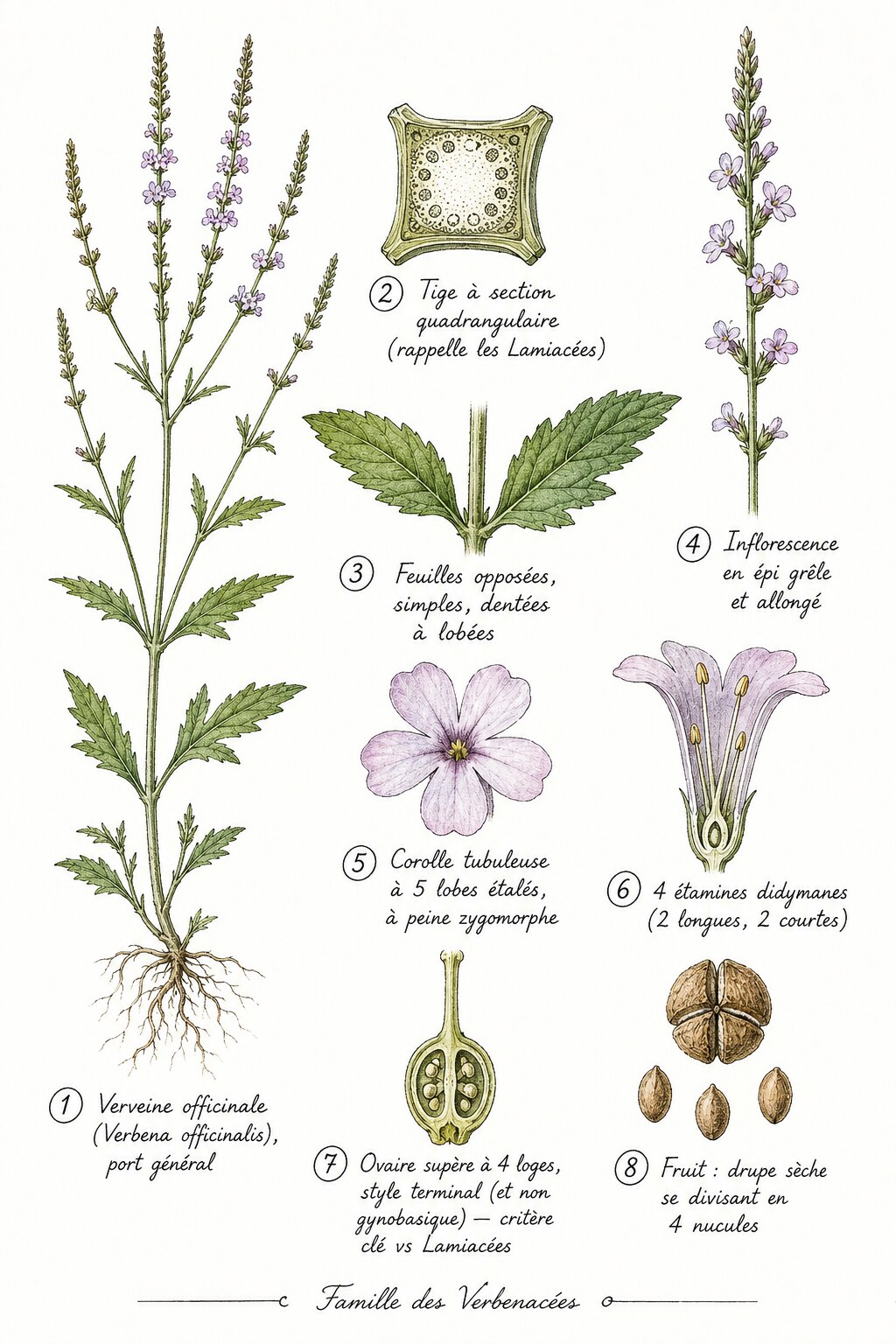 Planche des caractères distinctifs de la famille des Verbénacées