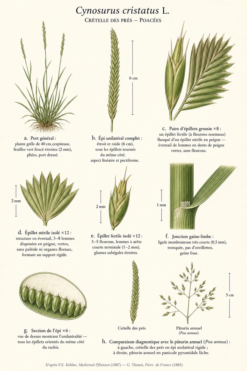 Planche botanique de Cynosurus cristatus — Crételle des prés