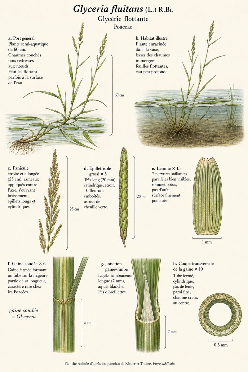 Planche botanique de Glyceria fluitans — Glycérie flottante