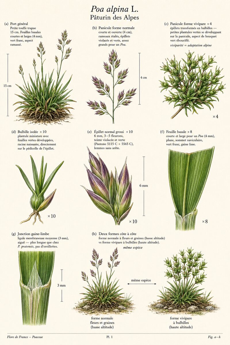 Planche botanique de Poa alpina — Pâturin des Alpes