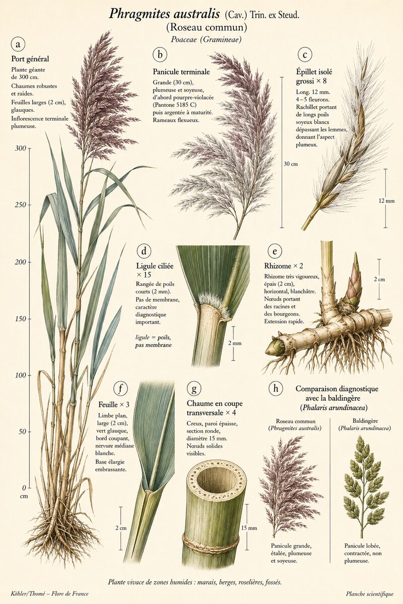 Planche botanique de Phragmites australis — Roseau commun