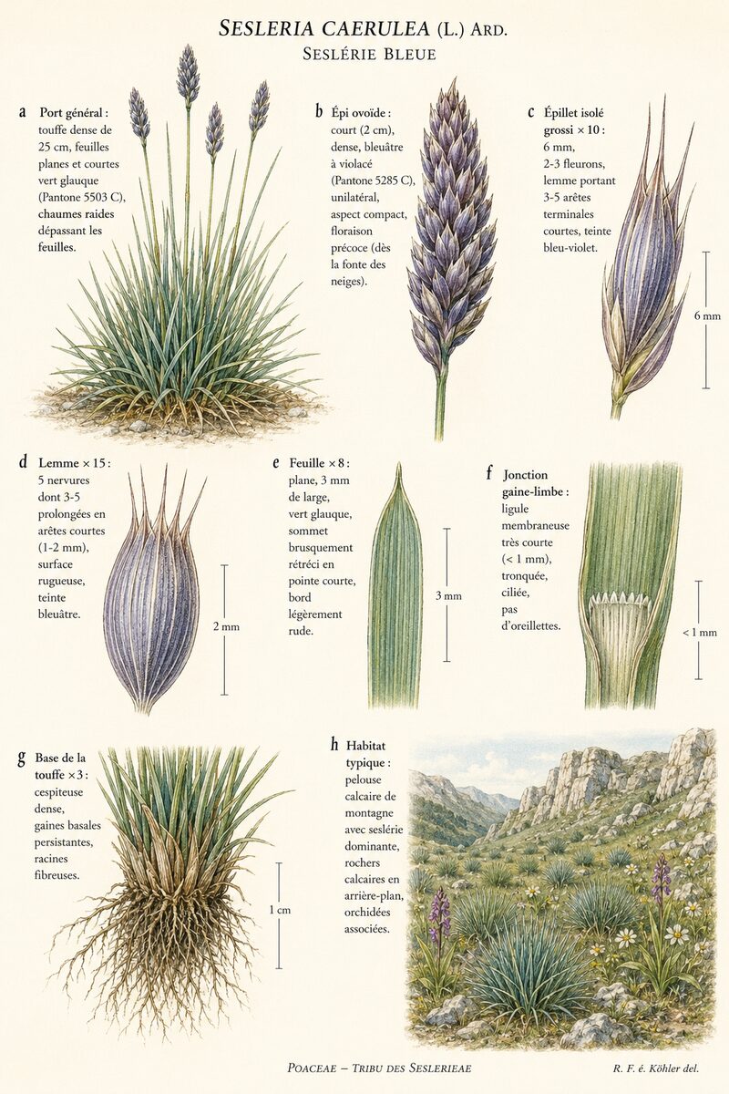 Planche botanique de Sesleria caerulea — Seslérie bleue