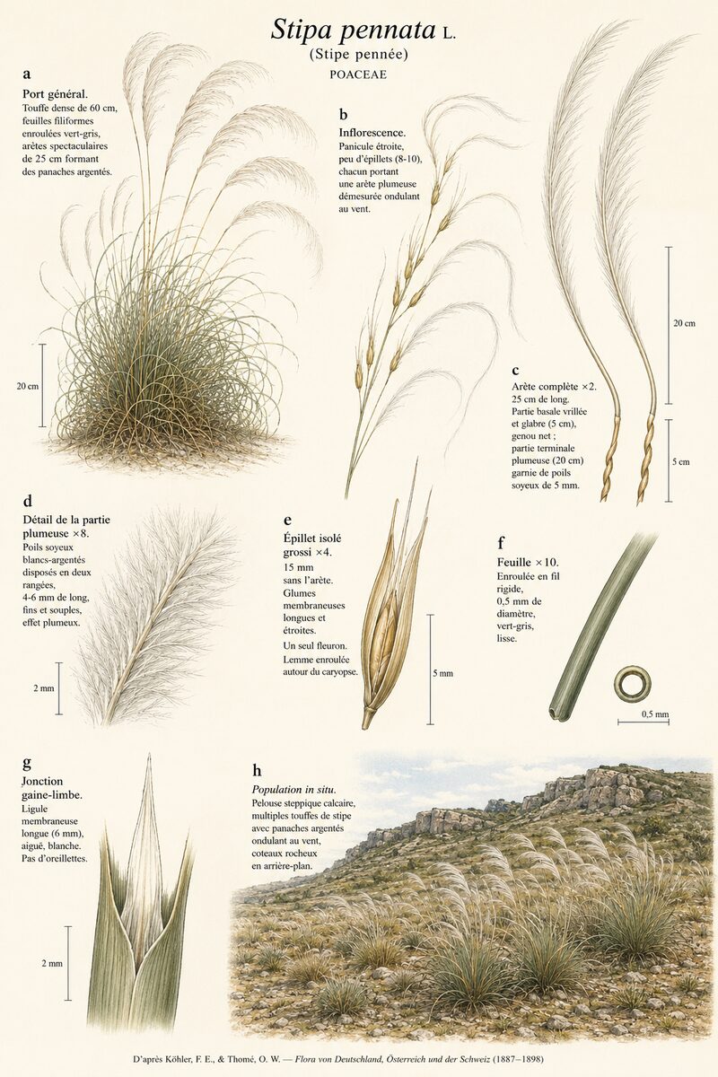 Planche botanique de Stipa pennata — Stipe pennée